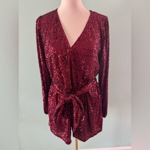 Red Sequin Jumpsuit with Plunging V-Neck and Tie Waist, Large